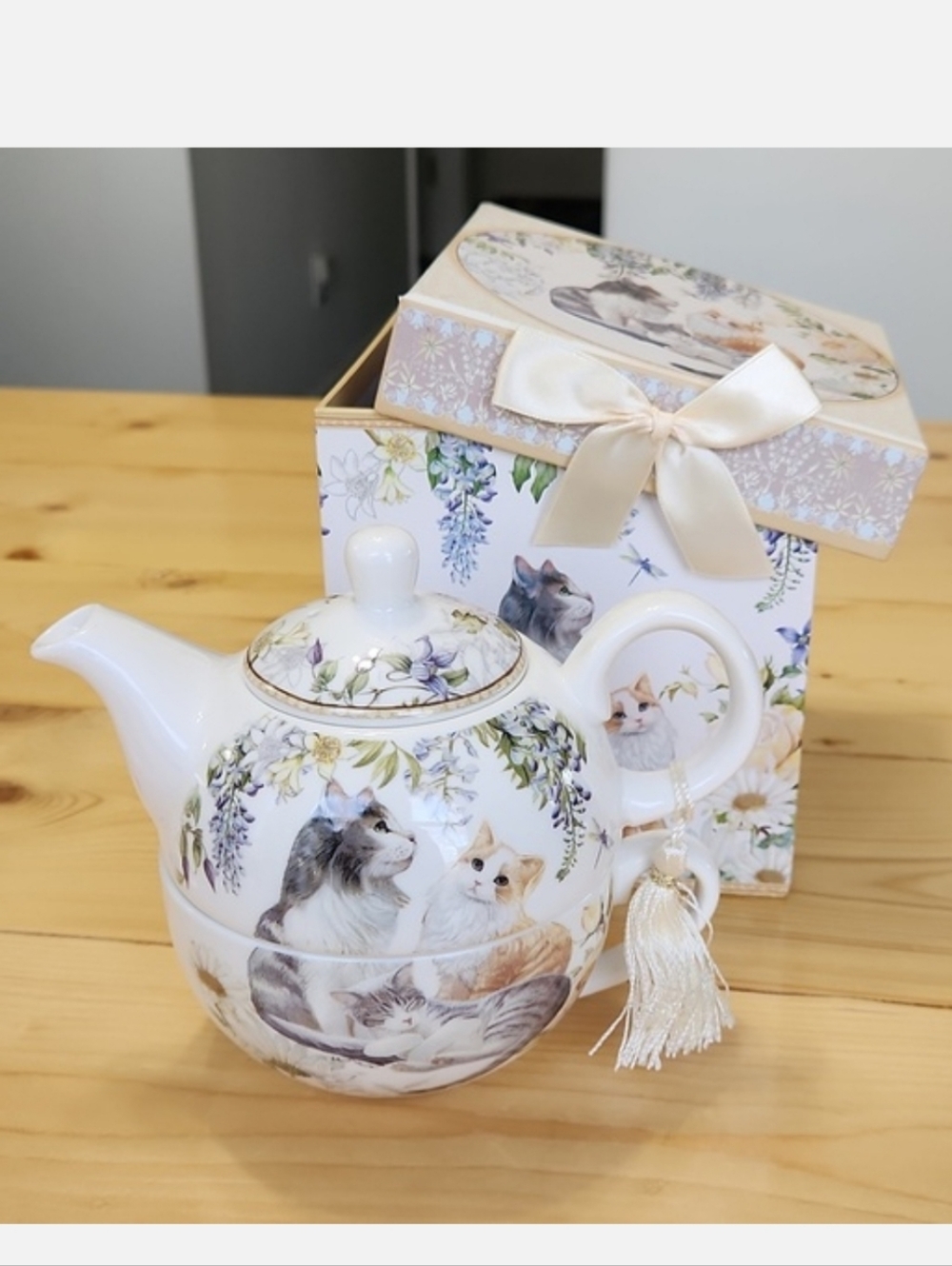 SUMMER RIVER Bits & Pieces Kitty Cat Tea For One 3-Piece Porcelain Set NWB